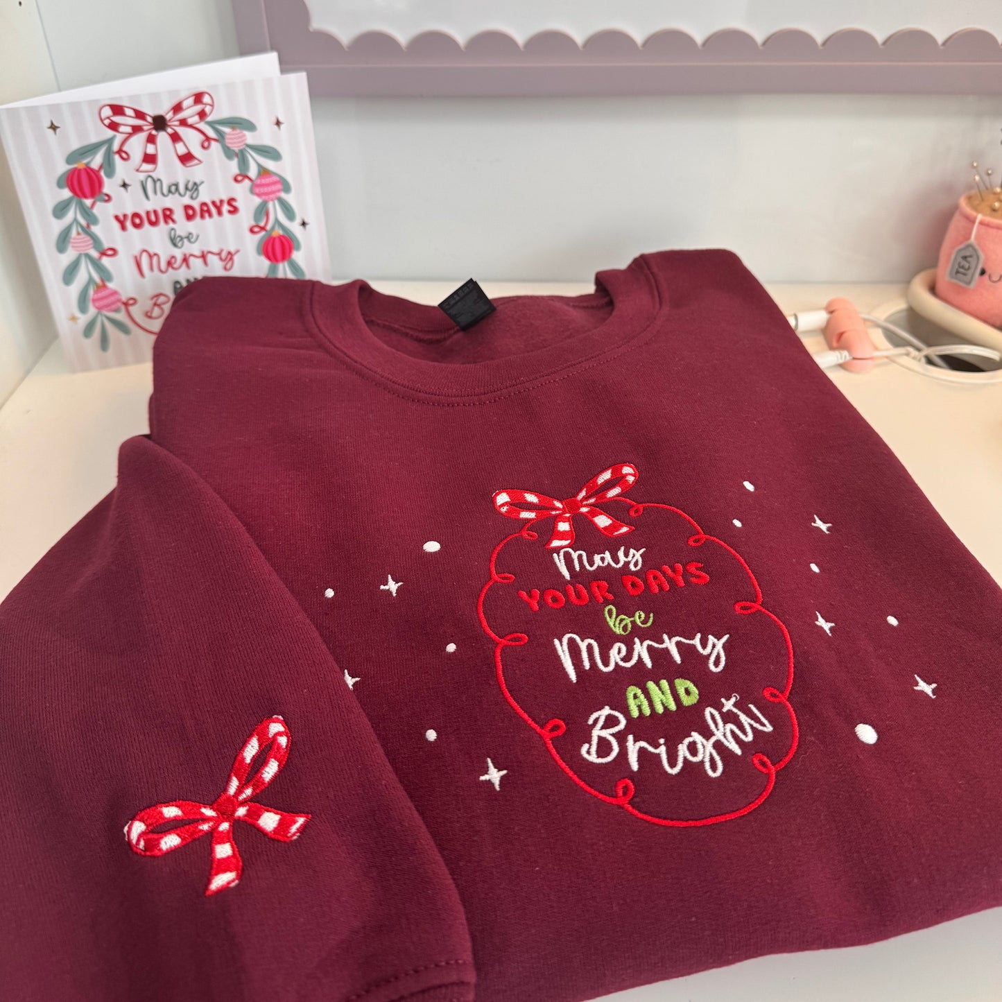 Christmas Bow and Wreath Subtle Embroidered Jumper.