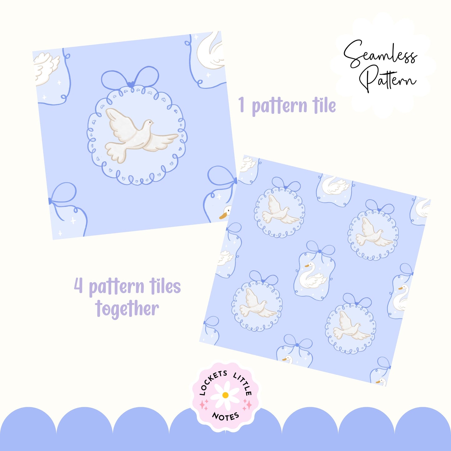 seamless Patterned tiles with doves and bows and swans on a light blue background, featuring the brand 'Locket's Little Notes'. for fabric living room decor.