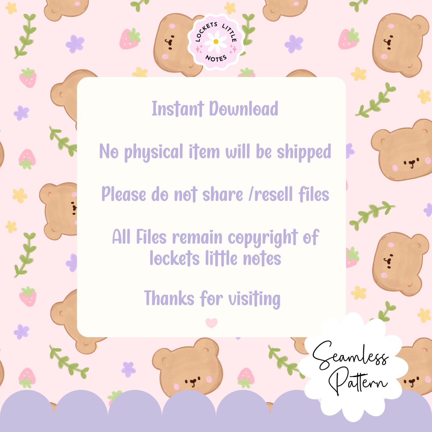 Whimsical Bear Seamless Pattern, Woodland Strawberry Floral (Digital Download)