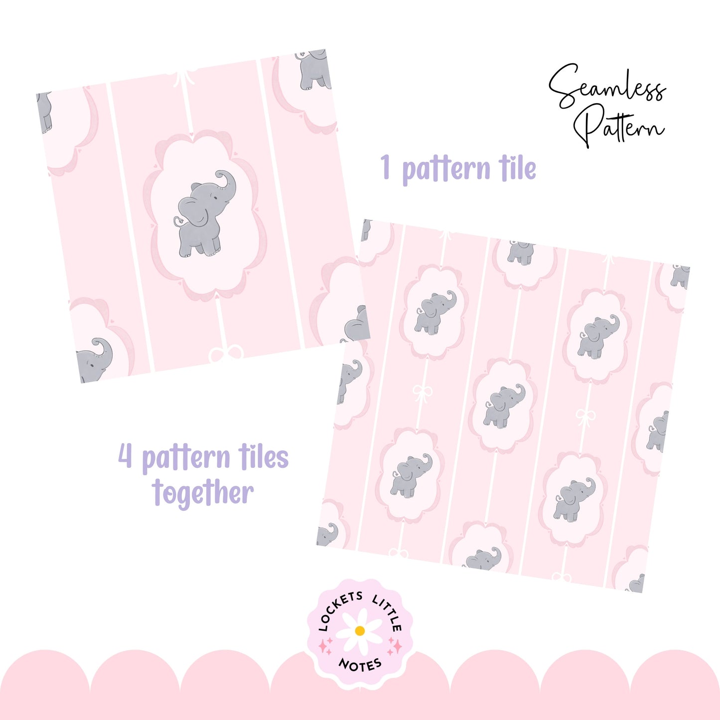 Pink Pinstripe & Elephant Fairytale Seamless Pattern | Gold Frame Coquette Surface Design