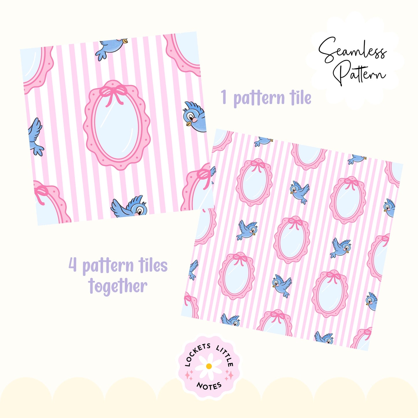 Fairytale Blue Bird & Mirror Seamless Pattern | Pink Pinstripe Coquette Surface Design