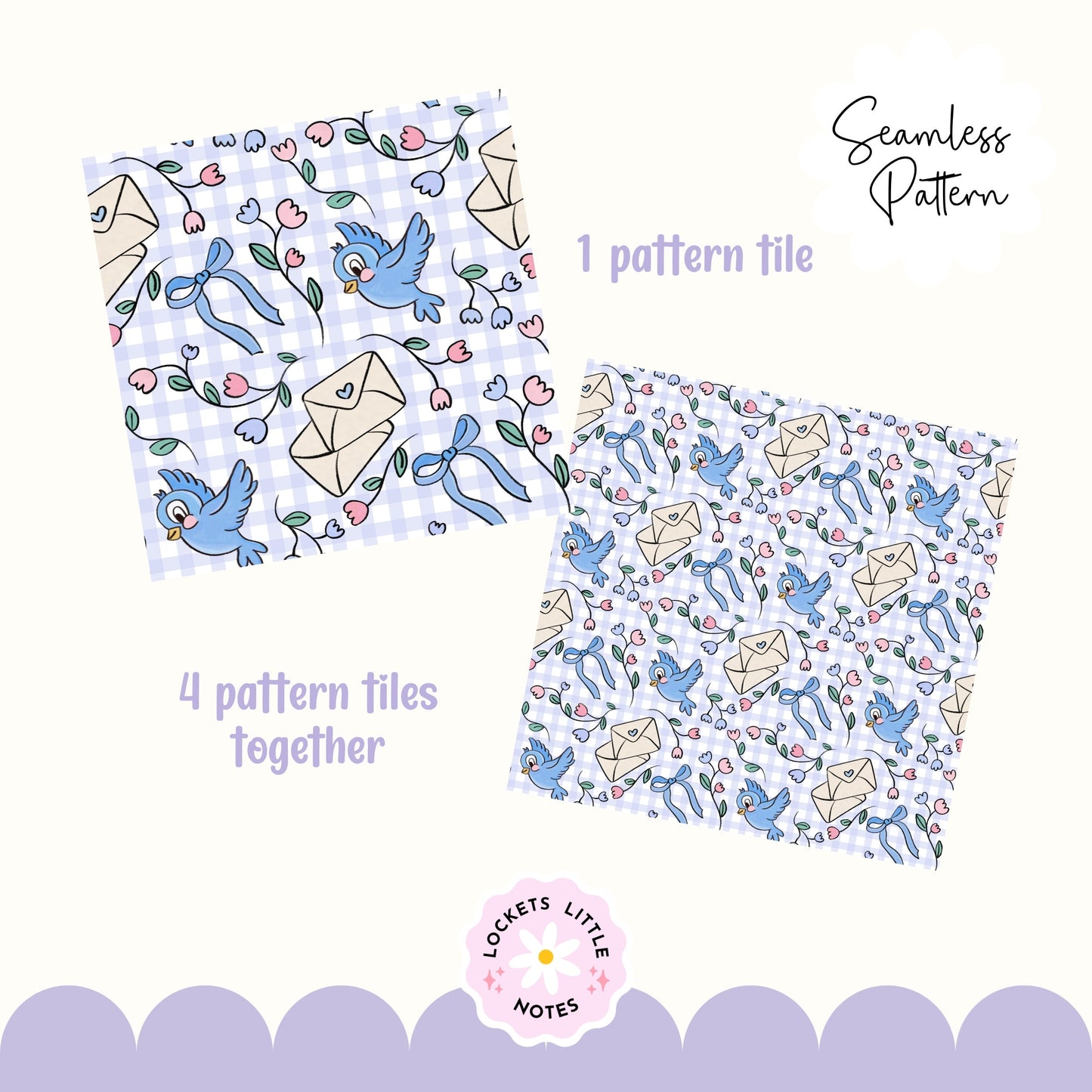 Fairytale Blue Bird & Gingham Seamless Pattern | Digital Download