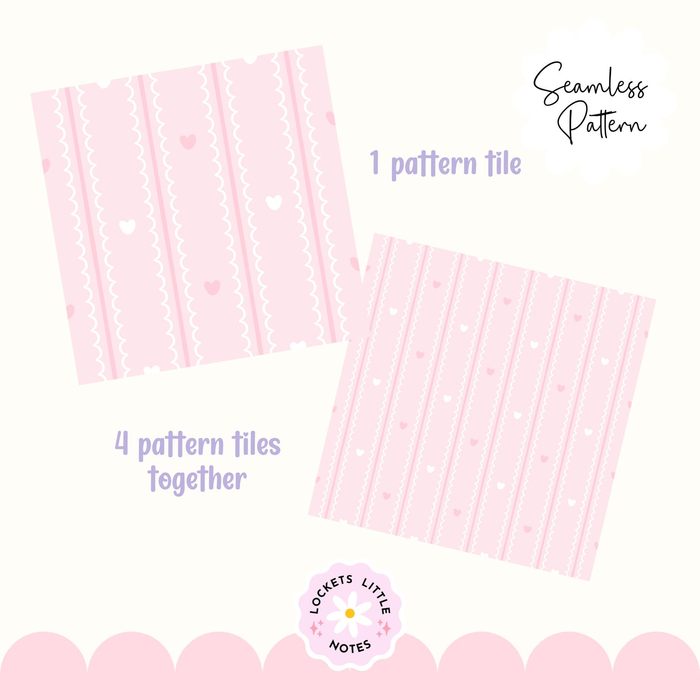 Pastel Pink Seamless Pattern PNG, White Scallop Stripes & Pink Pinstripe Fabric Design, Cute Heart Digital Paper, Coquette Commercial Use