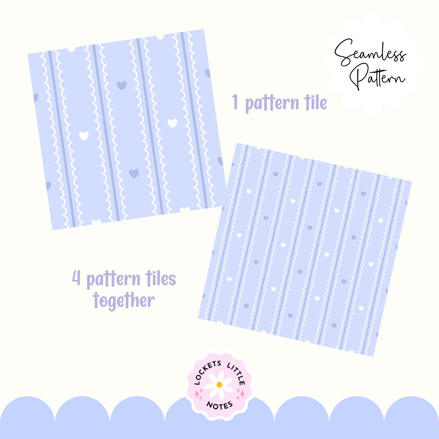 Pastel Blue Seamless Pattern PNG, White Scallop Stripes & Blue Pinstripe Fabric Design, Cute Heart Digital Paper, Coquette Commercial Use