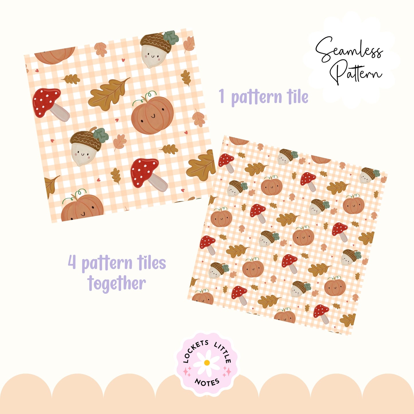 Autumn Orange Gingham Seamless Pattern PNG | Cozy Fall Pumpkin & Toadstool Digital Paper | Watercolor Mushroom Acorn Woodland Surface Design