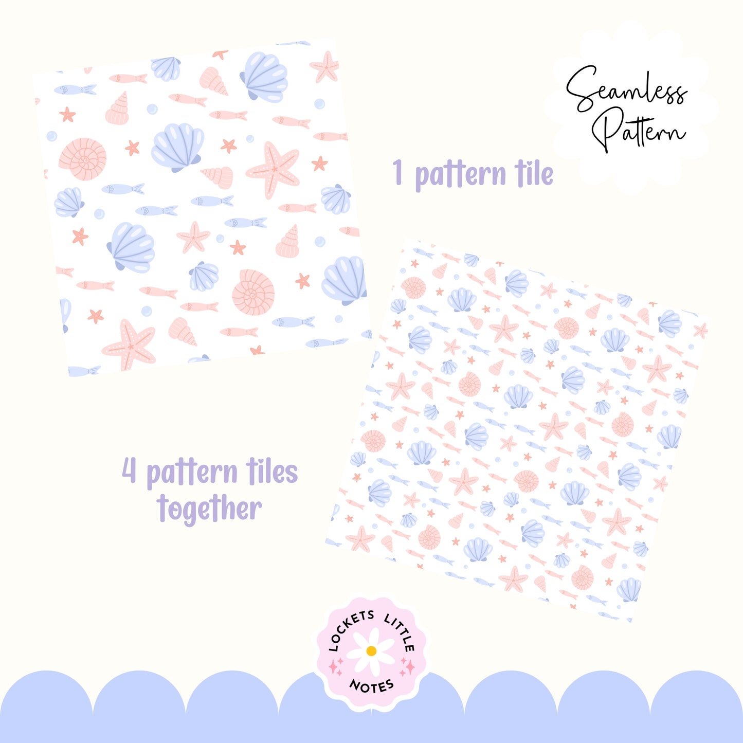 Seamless beach pattern featuring a soft summer blue background with a scatter of peachy pink clam shells, starfish, and swimming fish.