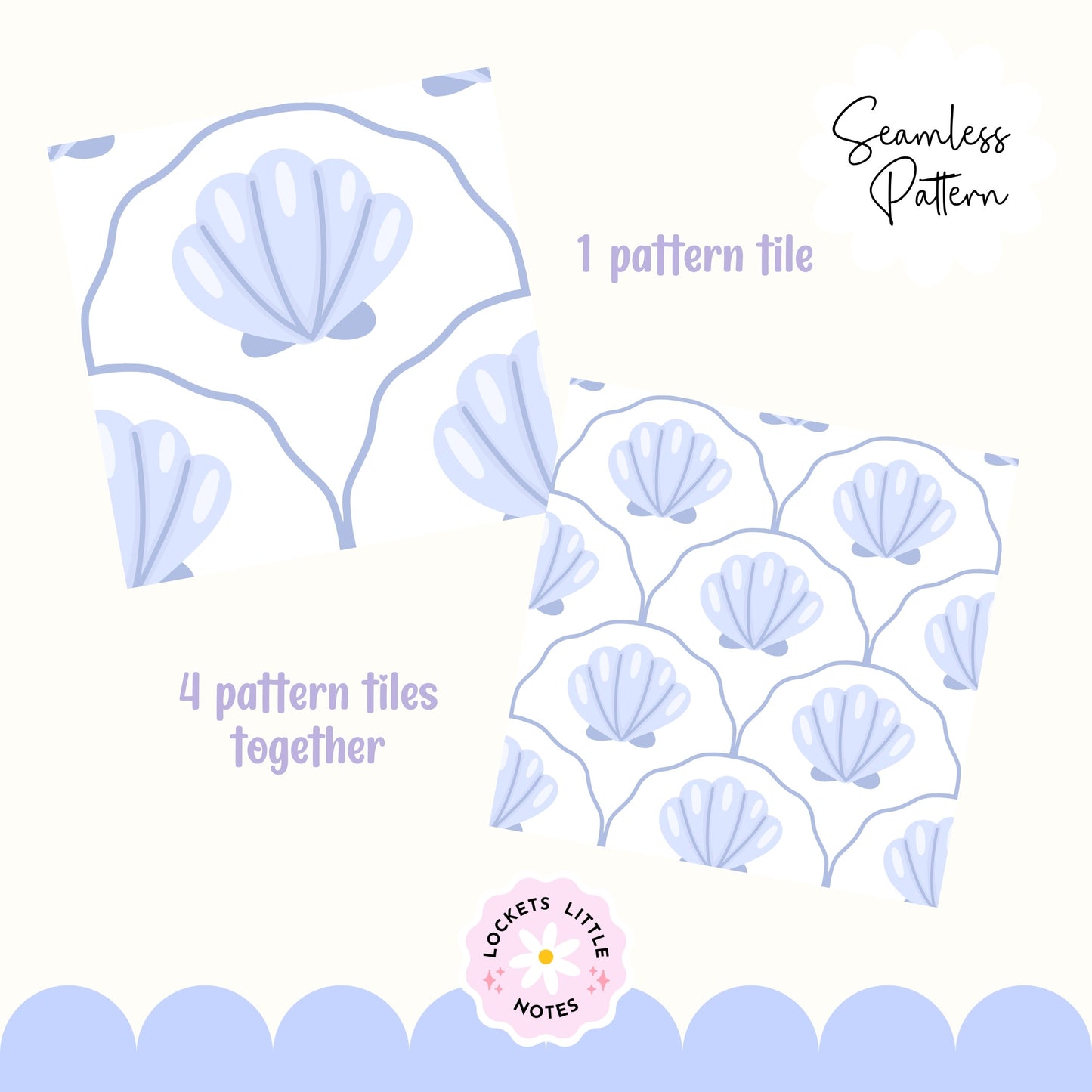 Seamless coastal pattern featuring a crisp white background with a repeat layout of indigo blue clam shells and decorative blue scallop designs.