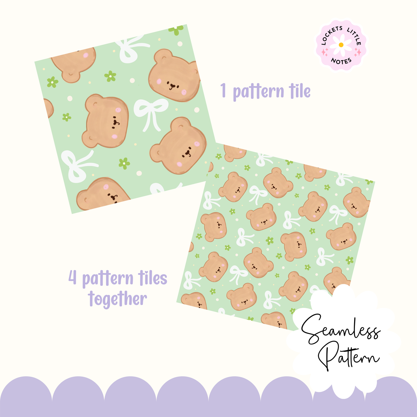 Seamless pattern featuring handdrawn bears and green wildflowers and white bows on a Pastel green background. showung how the seamless pattern matches up