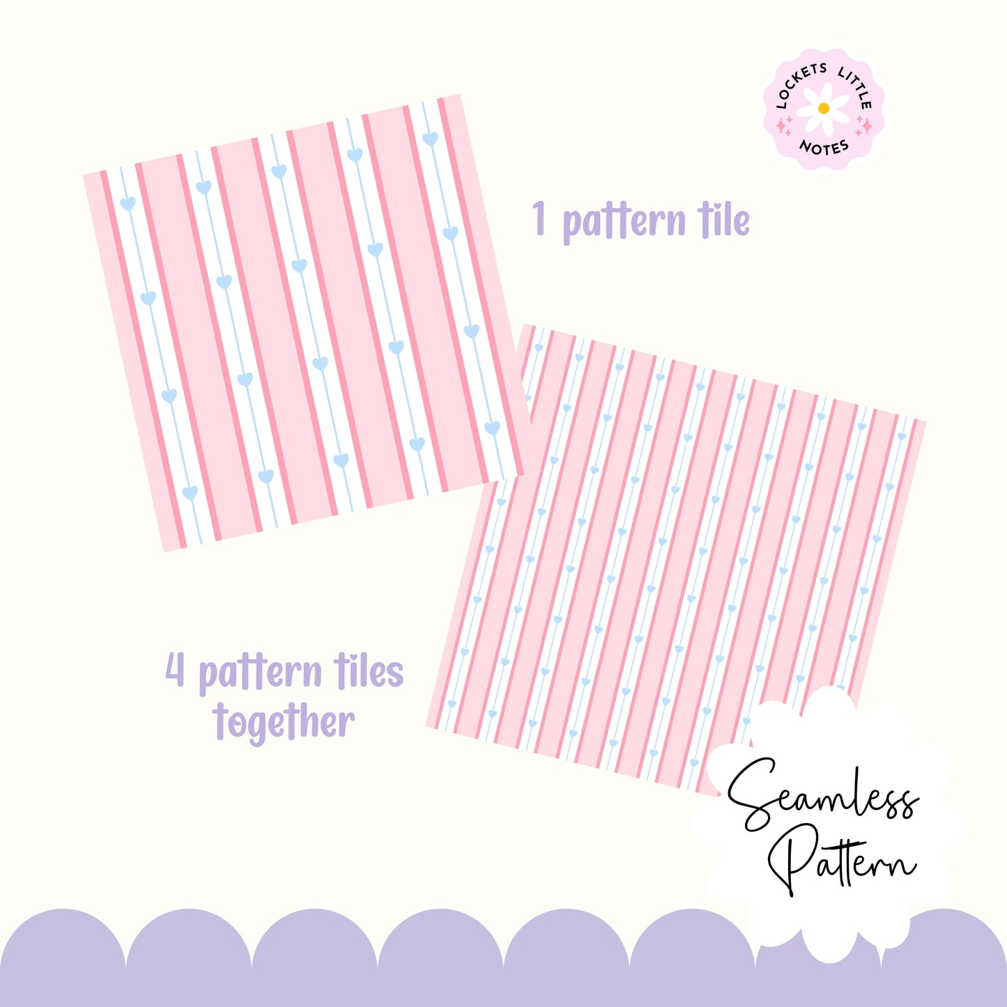 Seamless pattern featuring dainty blue hearts on a pink, white, and blue vertical pinstripe background.