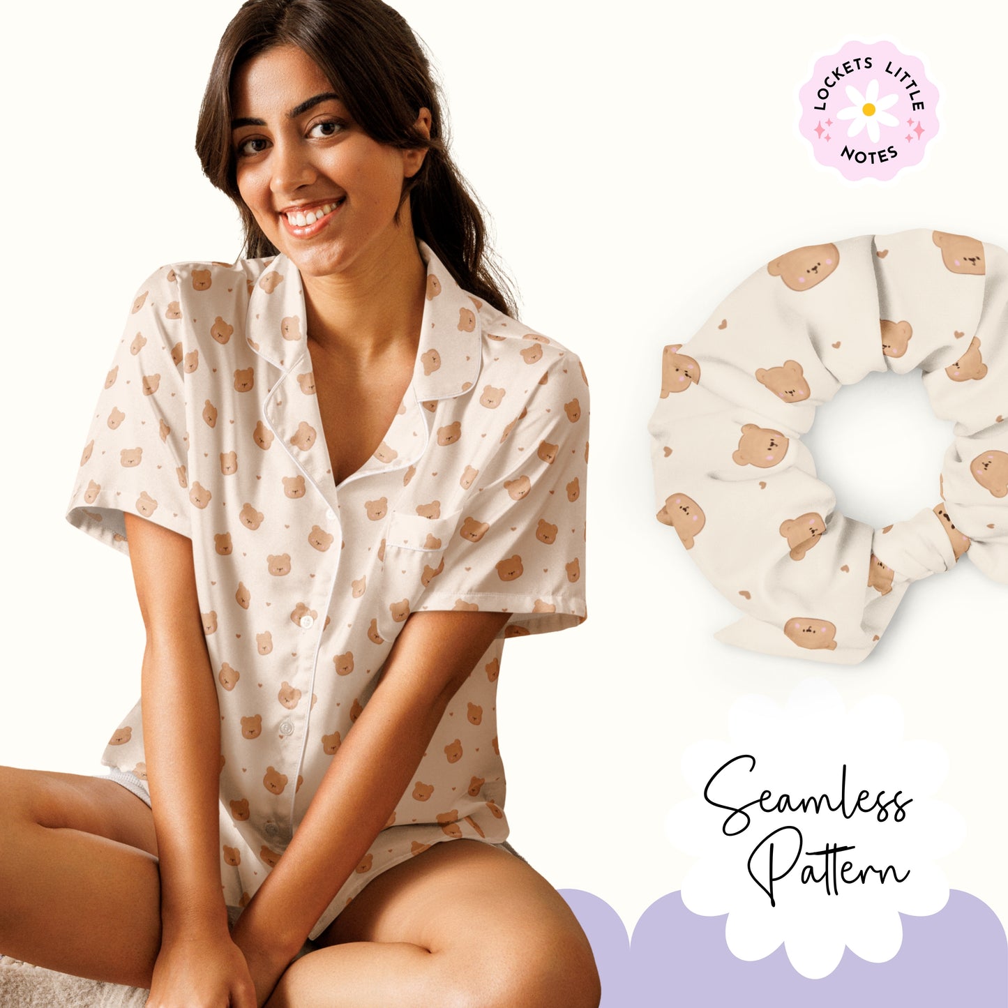 High-resolution seamless pattern tile featuring vintage-style brown teddy bears with dainty pink satin ribbons and bows on a clean cream background.