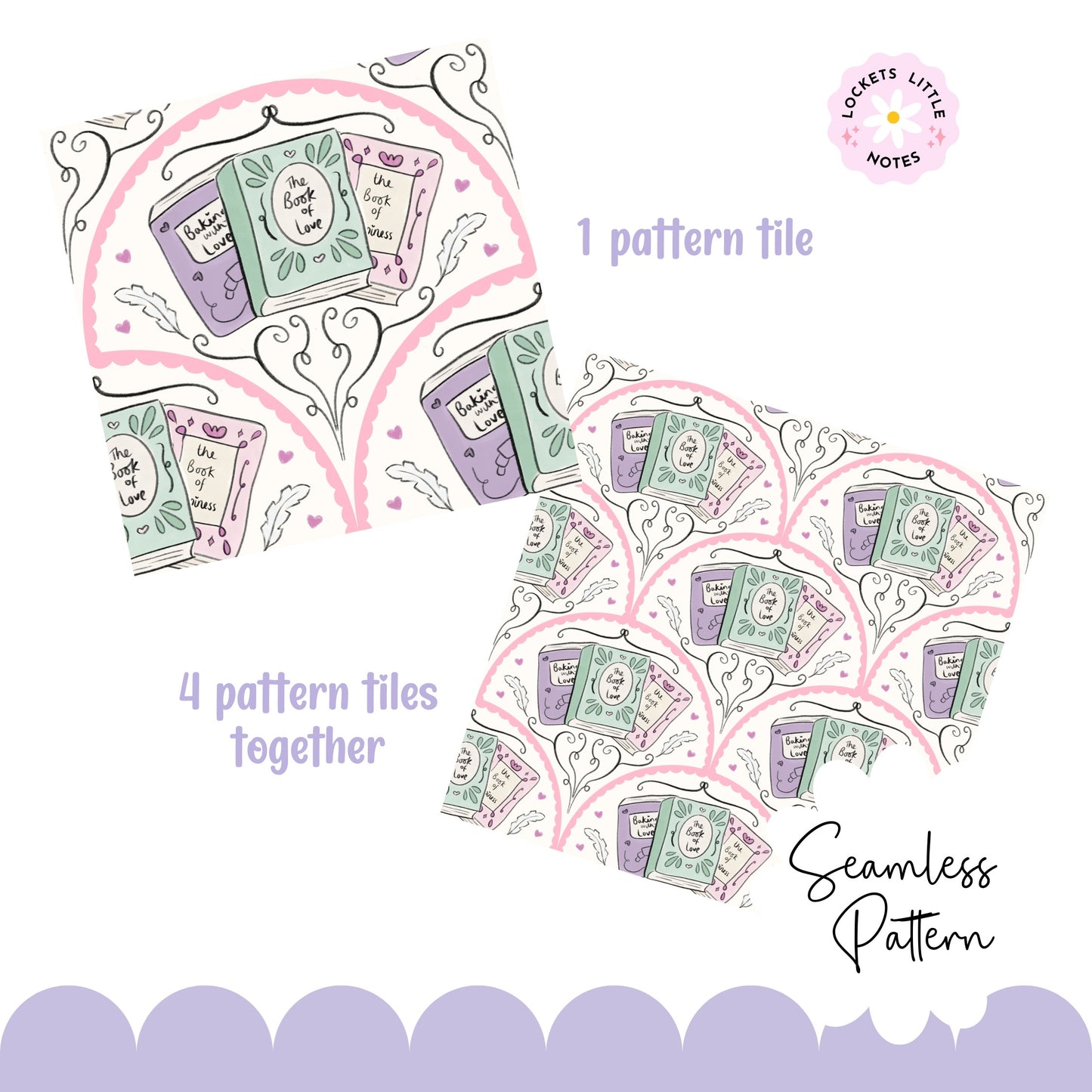 Seamless fanned scallop pattern featuring vintage books and antique quills on a cream background.