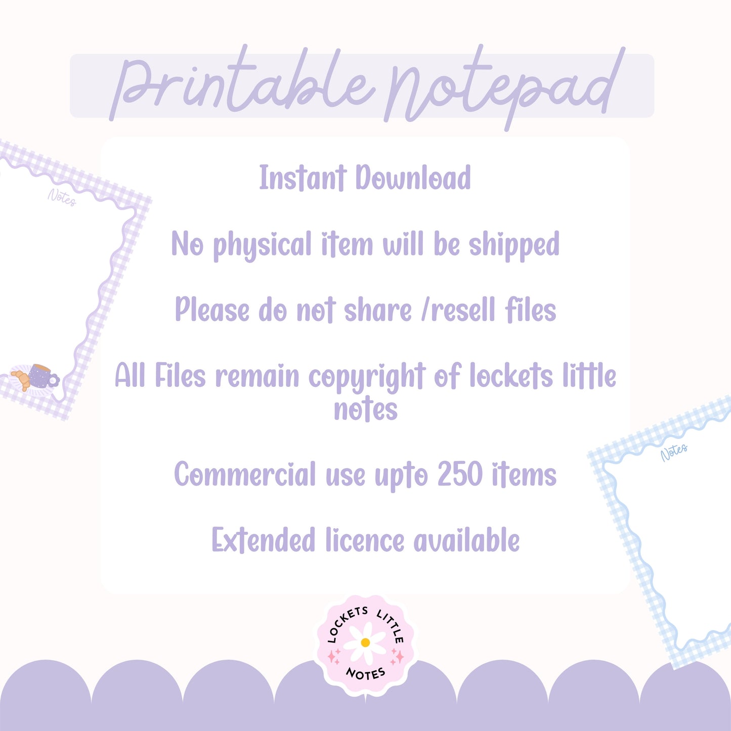 Text on a white background about a printable notepad with copyright information. pastel gingham notepad, watercolor café illustration details, and GoodNotes iPad tablet templates.
