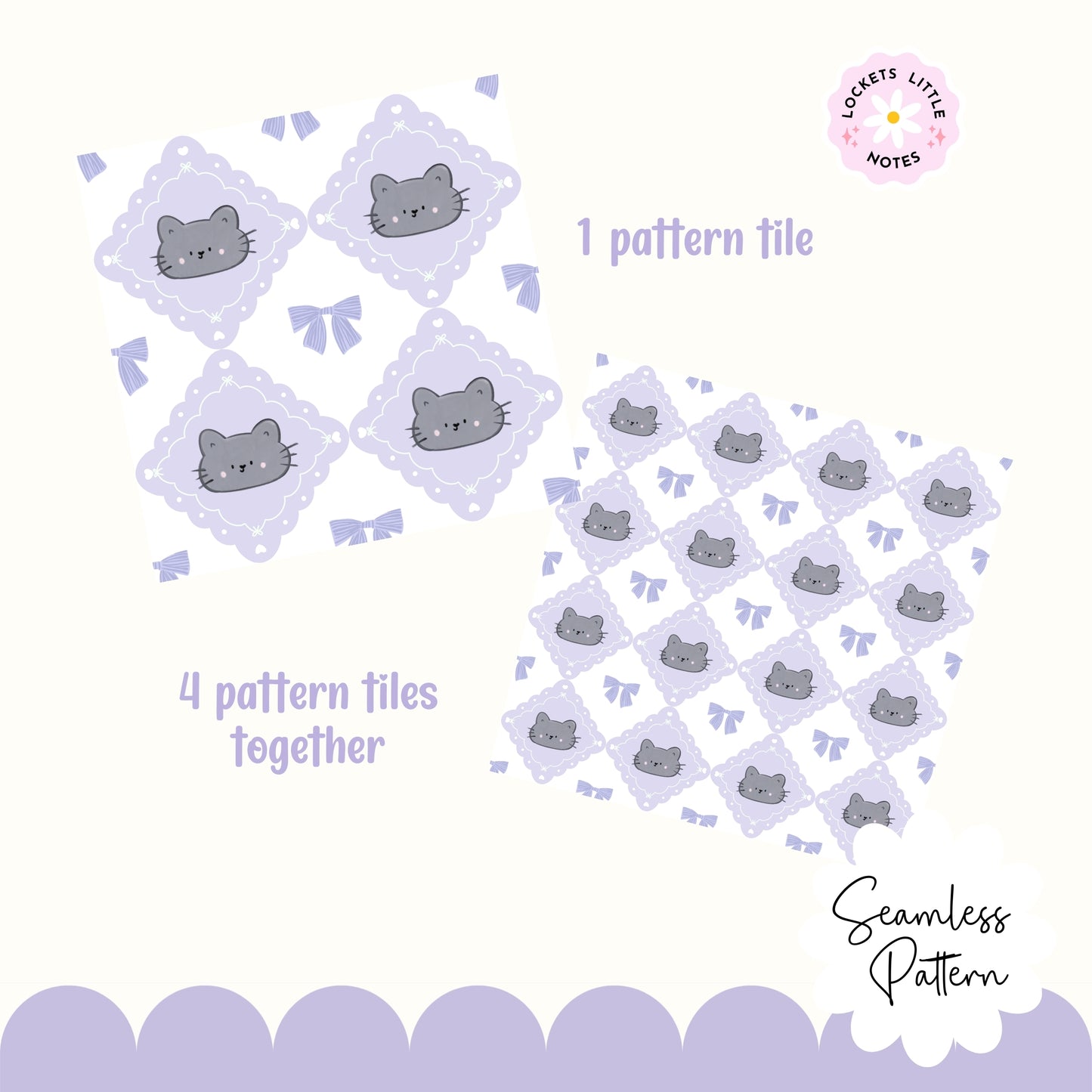 Pattern tiles with cat illustrations and text indicating design information.