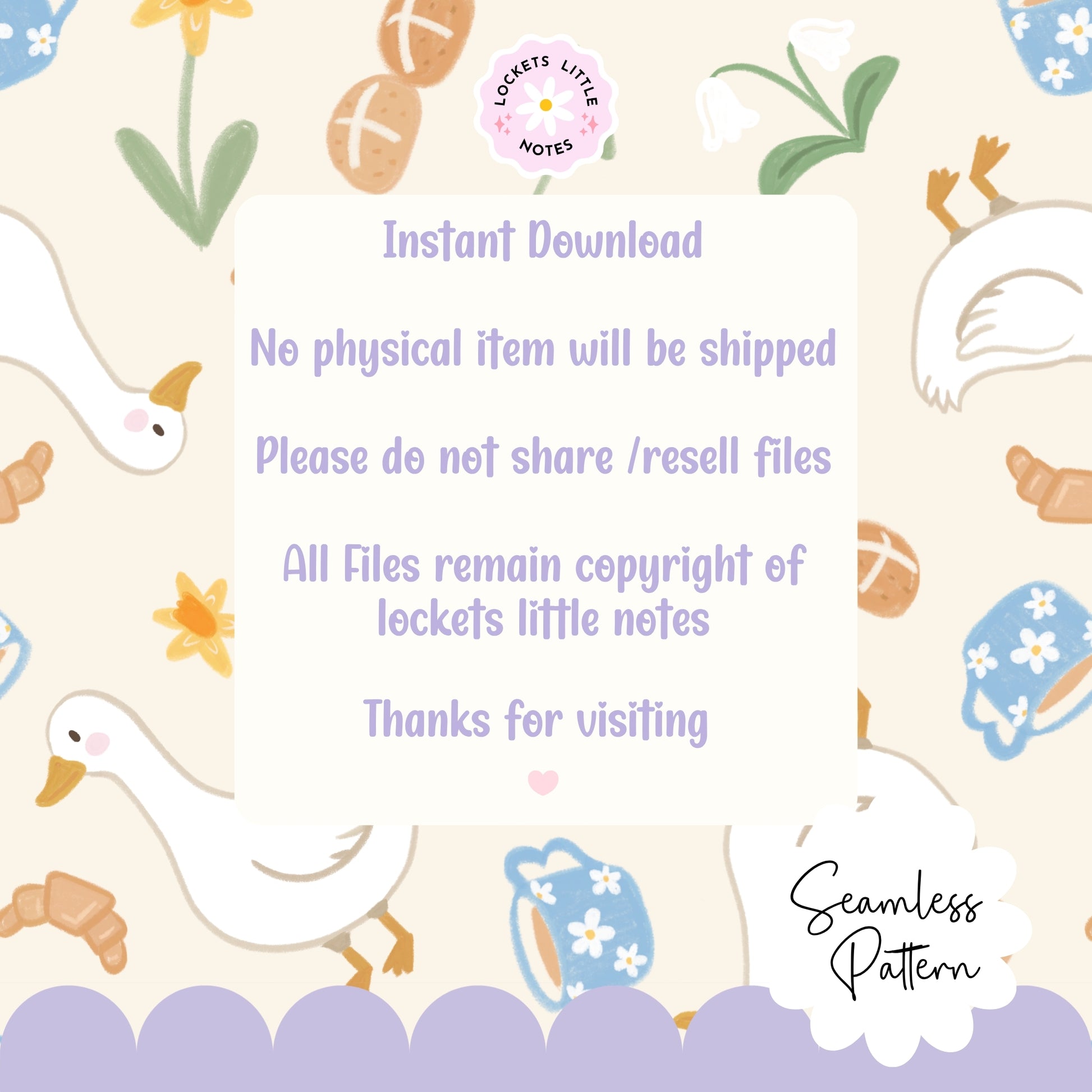 Seamless spring pattern featuring white ducks, hot cross buns, daffodils, and a blue floral mug on a cream background.