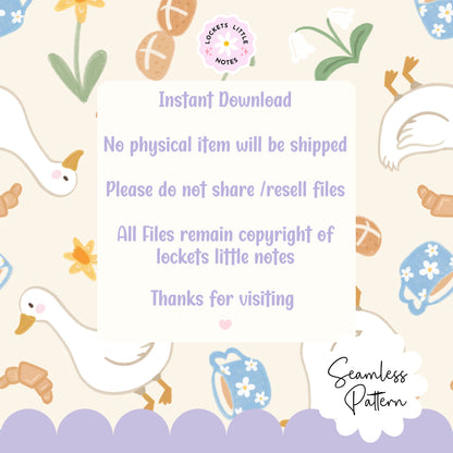 Seamless spring pattern featuring white ducks, hot cross buns, daffodils, and a blue floral mug on a cream background.