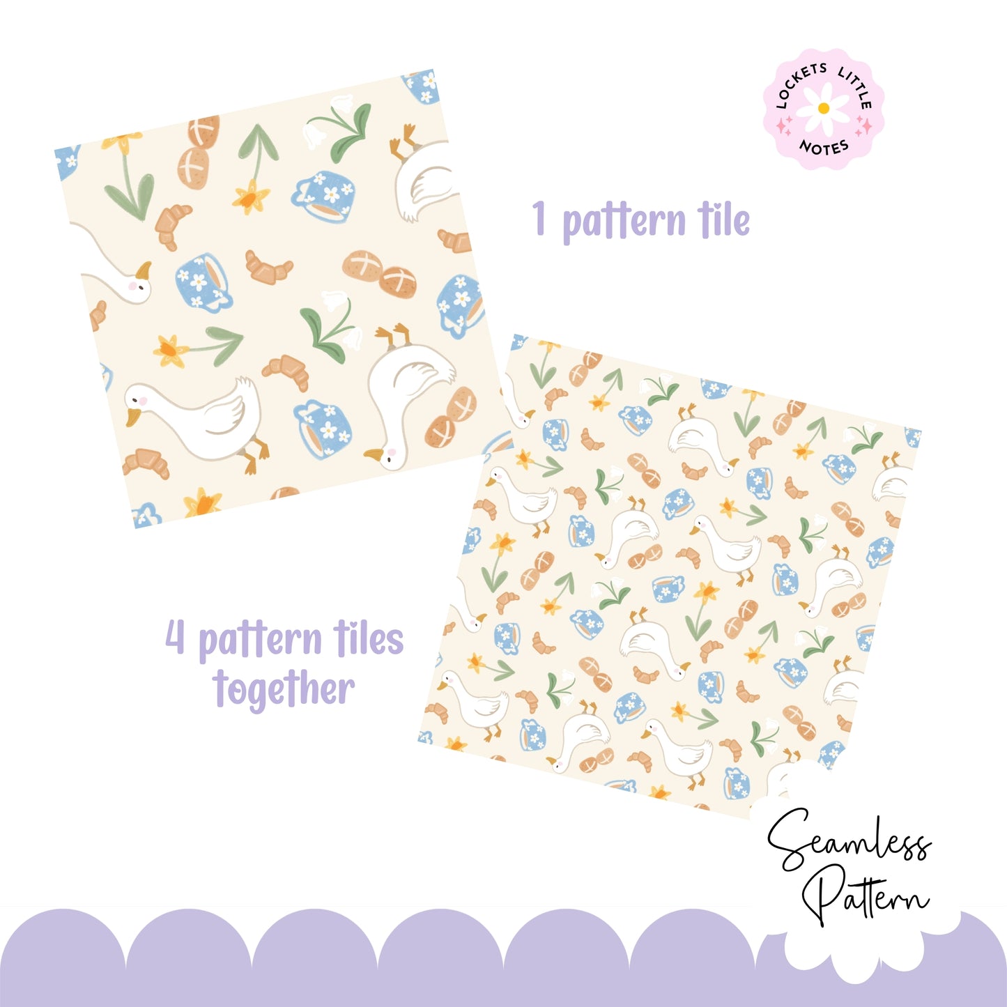 Seamless spring pattern featuring white ducks, hot cross buns, daffodils, and a blue floral mug on a cream background.