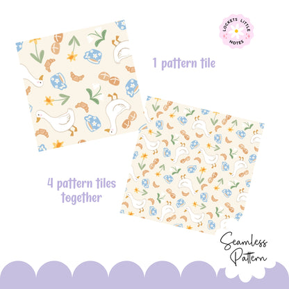 Seamless spring pattern featuring white ducks, hot cross buns, daffodils, and a blue floral mug on a cream background.