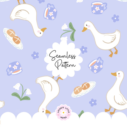 Seamless spring pattern featuring white ducks, hot cross buns on vintage plates, and snowdrops on a pastel blue background.

