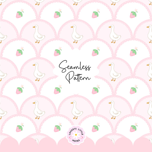 Seamless pattern with ducks, strawberries, and scalloped circles on a pink background.