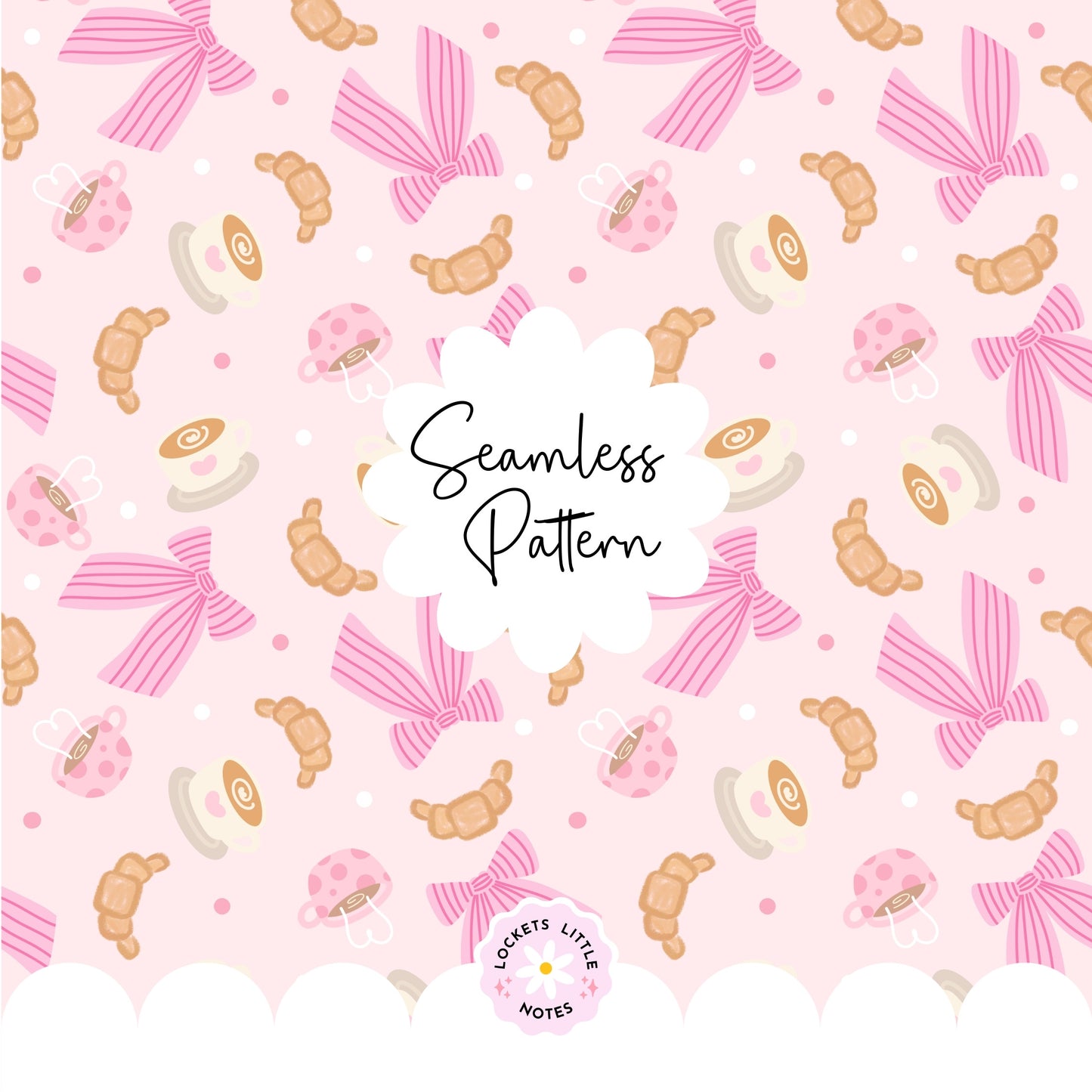 Seamless pattern featuring hand-illustrated coffee mugs with latte art, flaky golden croissants, and delicate pink-and-white striped bows on a soft pastel pink background.