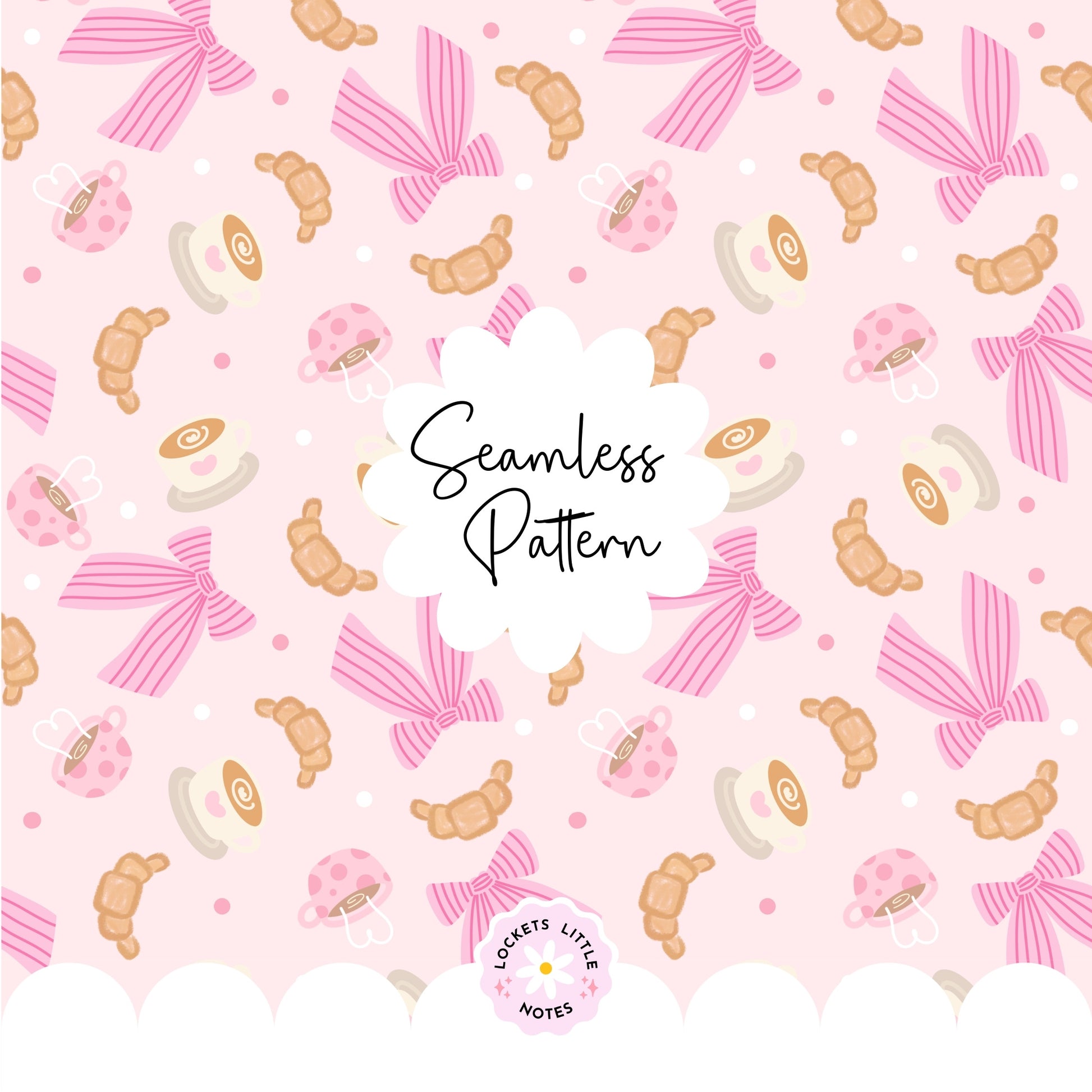Seamless pattern featuring hand-illustrated coffee mugs with latte art, flaky golden croissants, and delicate pink-and-white striped bows on a soft pastel pink background.