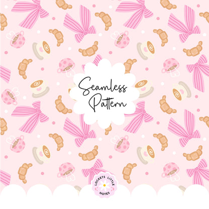 Seamless pattern featuring hand-illustrated coffee mugs with latte art, flaky golden croissants, and delicate pink-and-white striped bows on a soft pastel pink background.