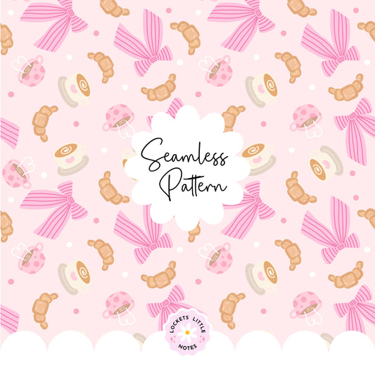 Seamless pattern featuring hand-illustrated coffee mugs with latte art, flaky golden croissants, and delicate pink-and-white striped bows on a soft pastel pink background.