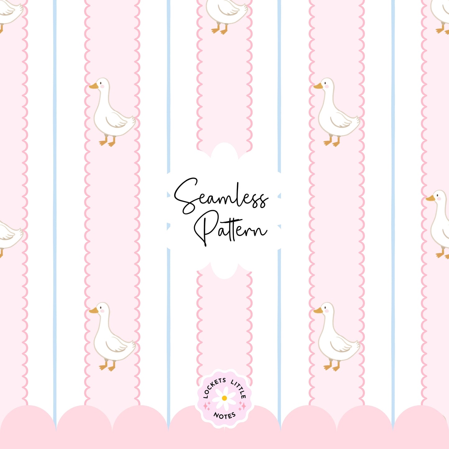 Seamless pattern with ducks on a pink and blue striped background