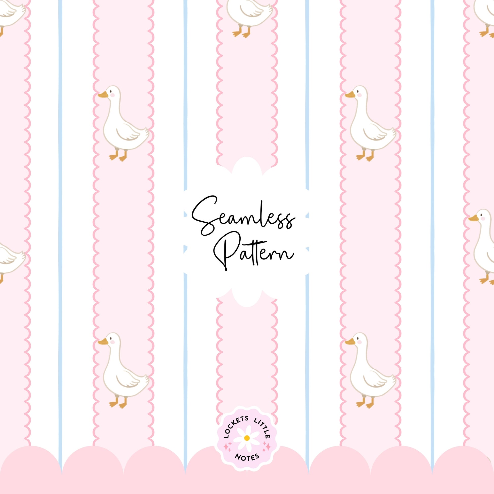 Seamless pattern with ducks on a pink and blue striped background