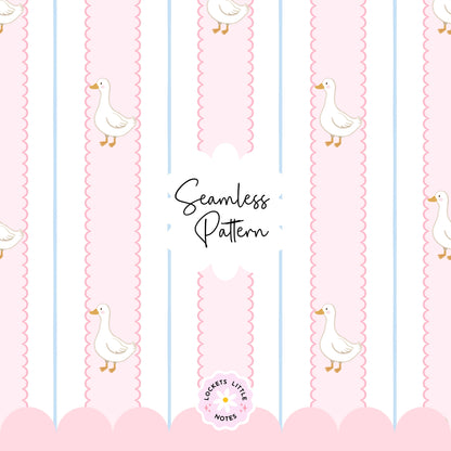 Seamless pattern with ducks on a pink and blue striped background