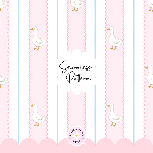 Seamless pattern with ducks on a pink and blue striped background