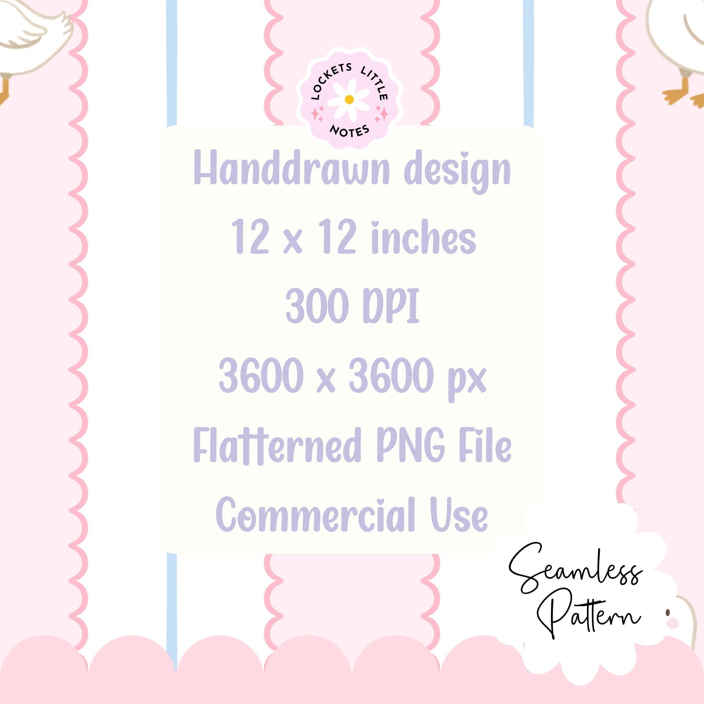 Handdrawn design with text about dimensions, DPI, resolution, file type, and usage on a pink background.
