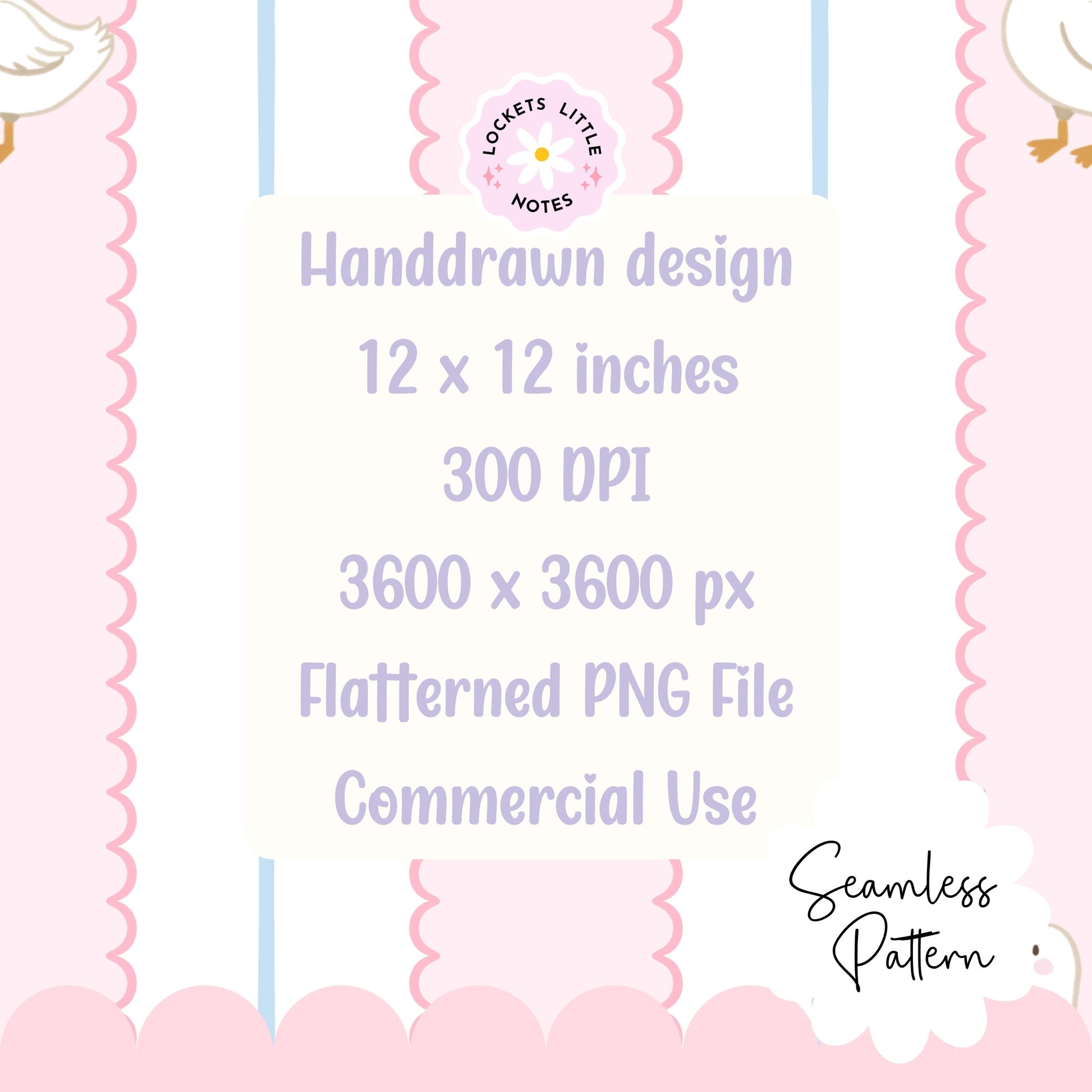 Handdrawn design with text about dimensions, DPI, resolution, file type, and usage on a pink background.