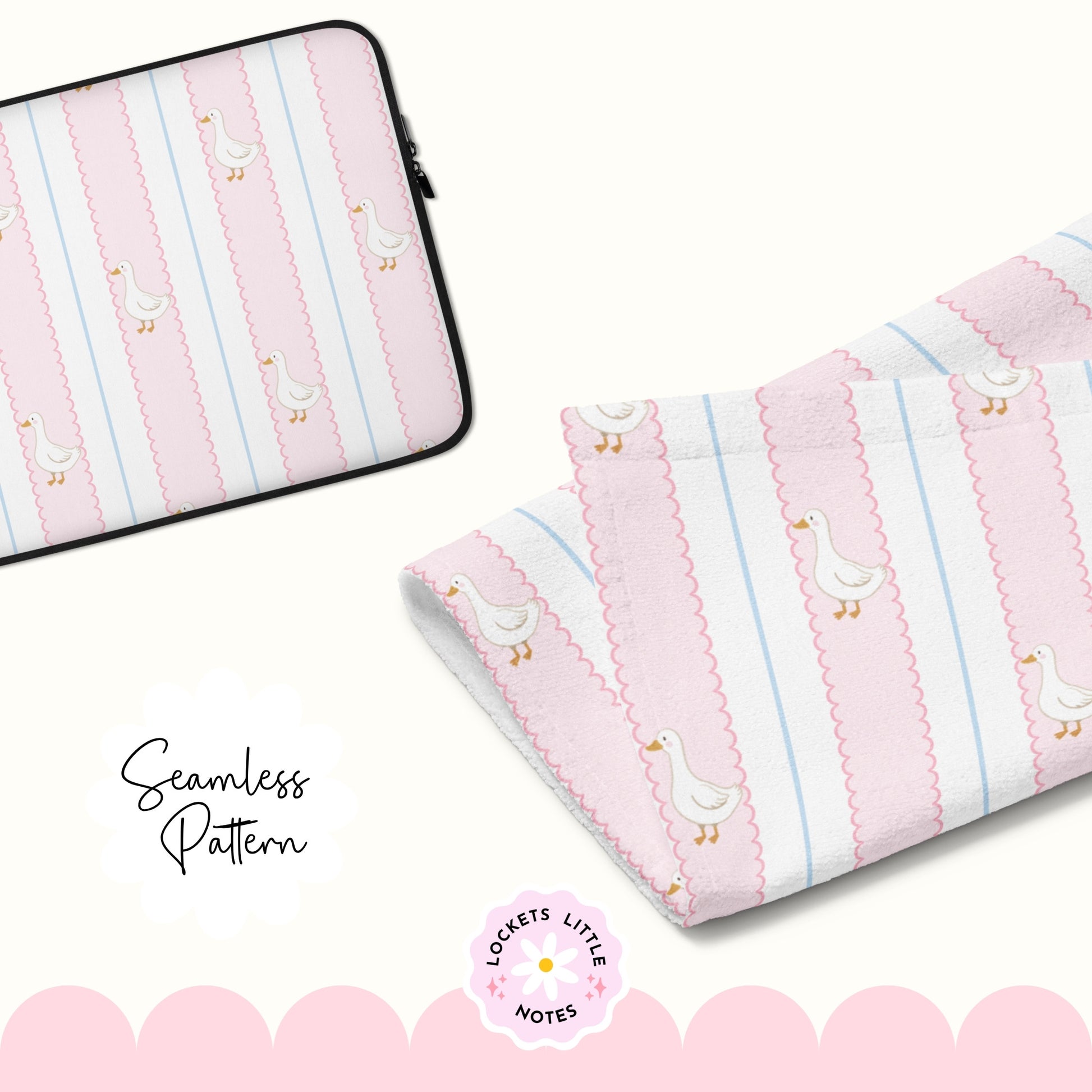 Pink and white striped fabric with duck pattern on a white background
