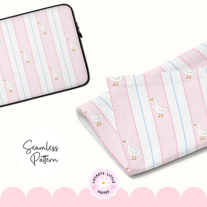 Pink and white striped fabric with duck pattern on a white background