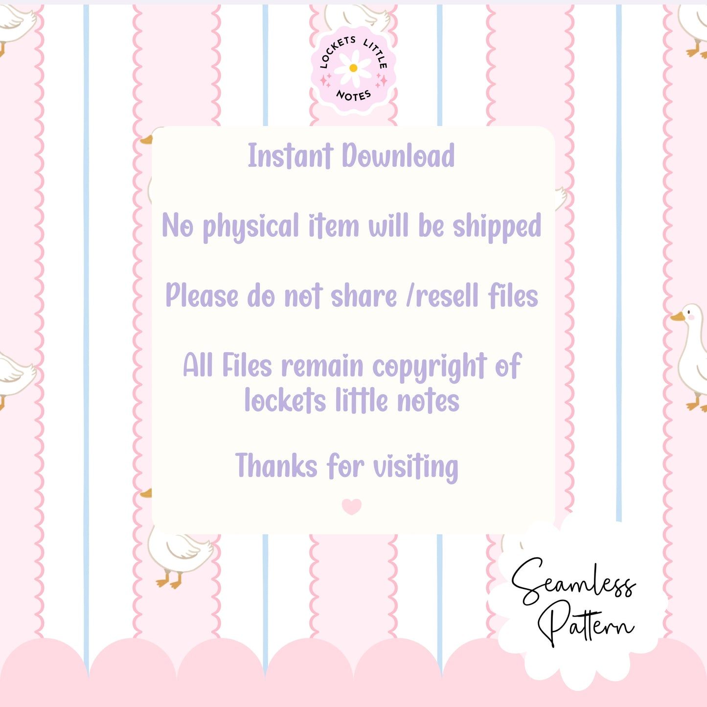 Digital download terms and conditions with a pink and white background featuring ducks.