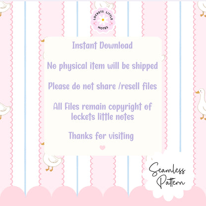 Digital download terms and conditions with a pink and white background featuring ducks.