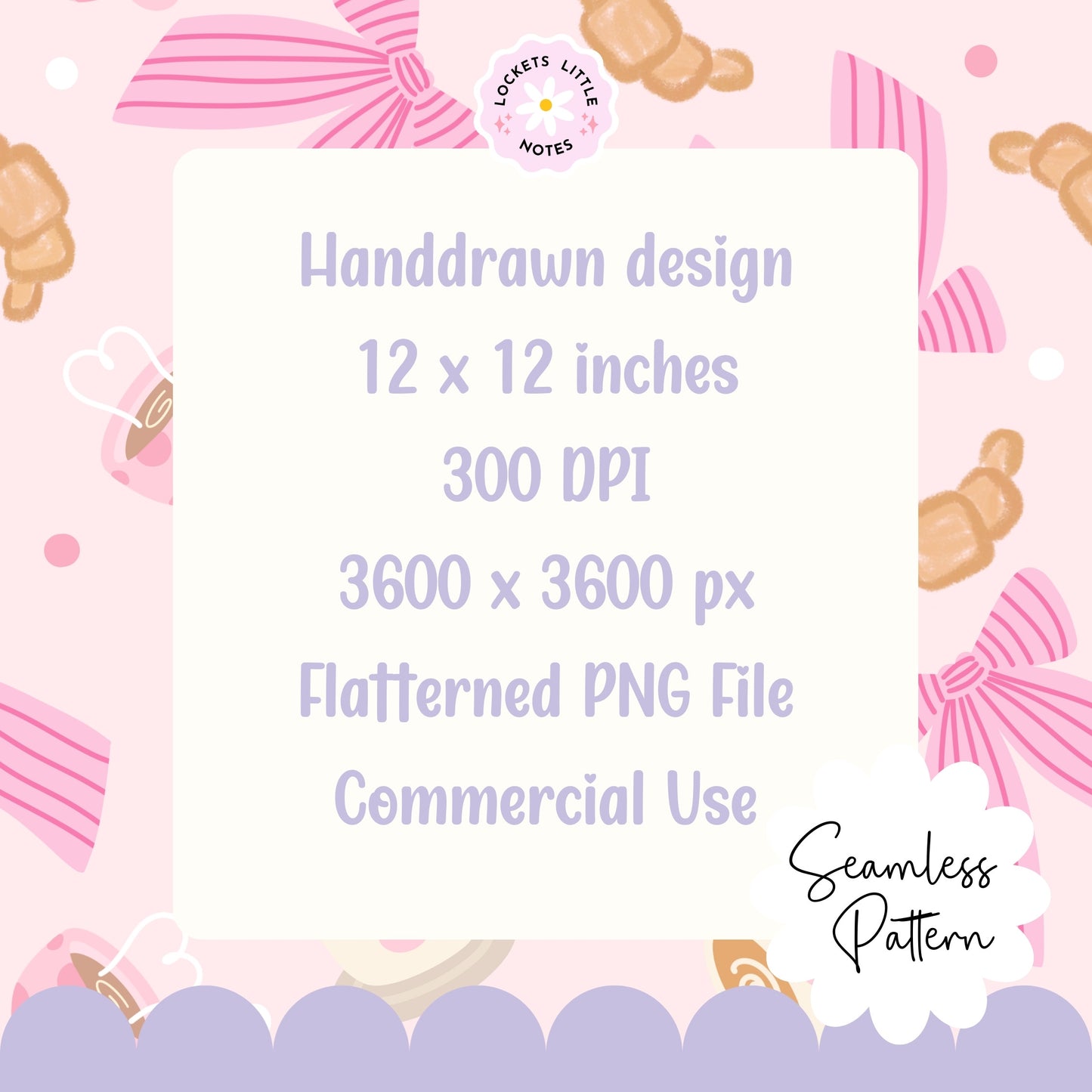 Seamless pattern featuring hand-illustrated coffee mugs with latte art, flaky golden croissants, and delicate pink-and-white striped bows on a soft pastel pink background.