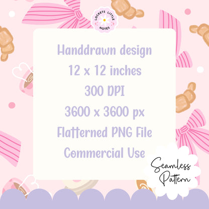 Seamless pattern featuring hand-illustrated coffee mugs with latte art, flaky golden croissants, and delicate pink-and-white striped bows on a soft pastel pink background.