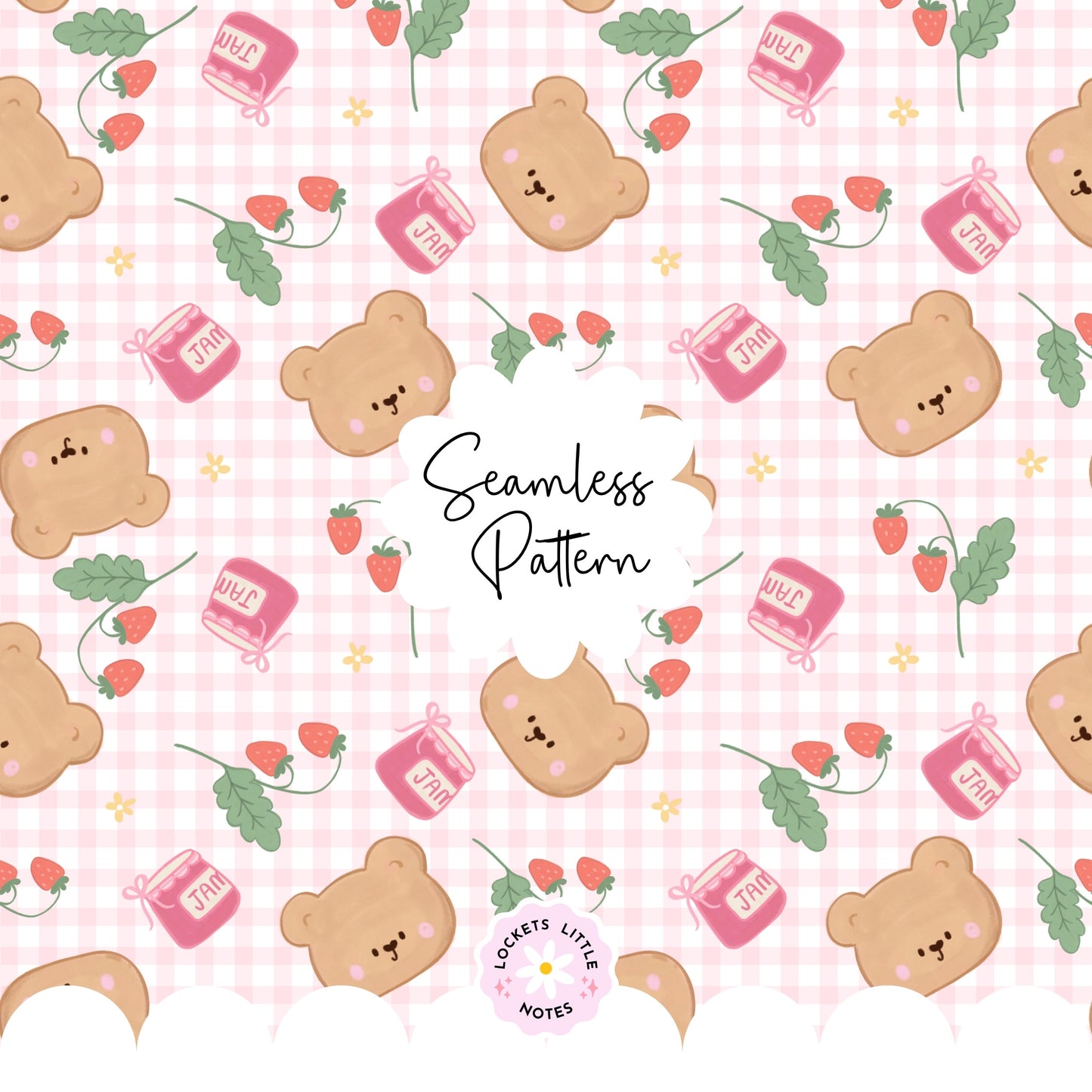 Kawaii Bear & Strawberry Jam Seamless Pattern | Pink Gingham Berrycore Digital Download