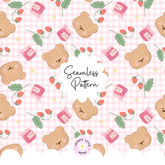 Kawaii Bear & Strawberry Jam Seamless Pattern | Pink Gingham Berrycore Digital Download