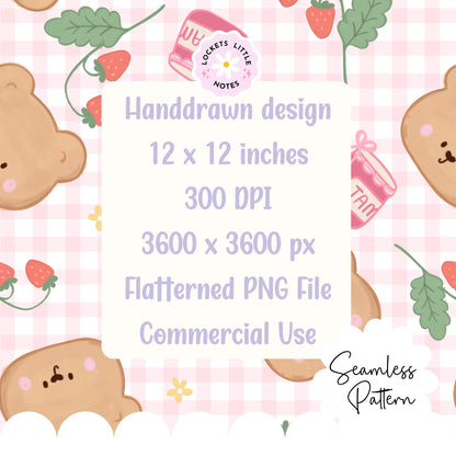 Kawaii Bear & Strawberry Jam Seamless Pattern | Pink Gingham Berrycore Digital Download