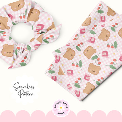 Kawaii Bear & Strawberry Jam Seamless Pattern | Pink Gingham Berrycore Digital Download