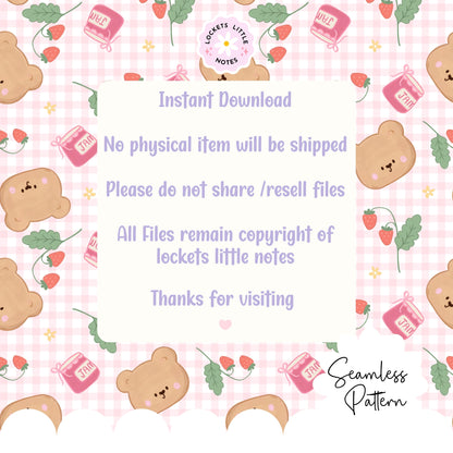Kawaii Bear & Strawberry Jam Seamless Pattern | Pink Gingham Berrycore Digital Download