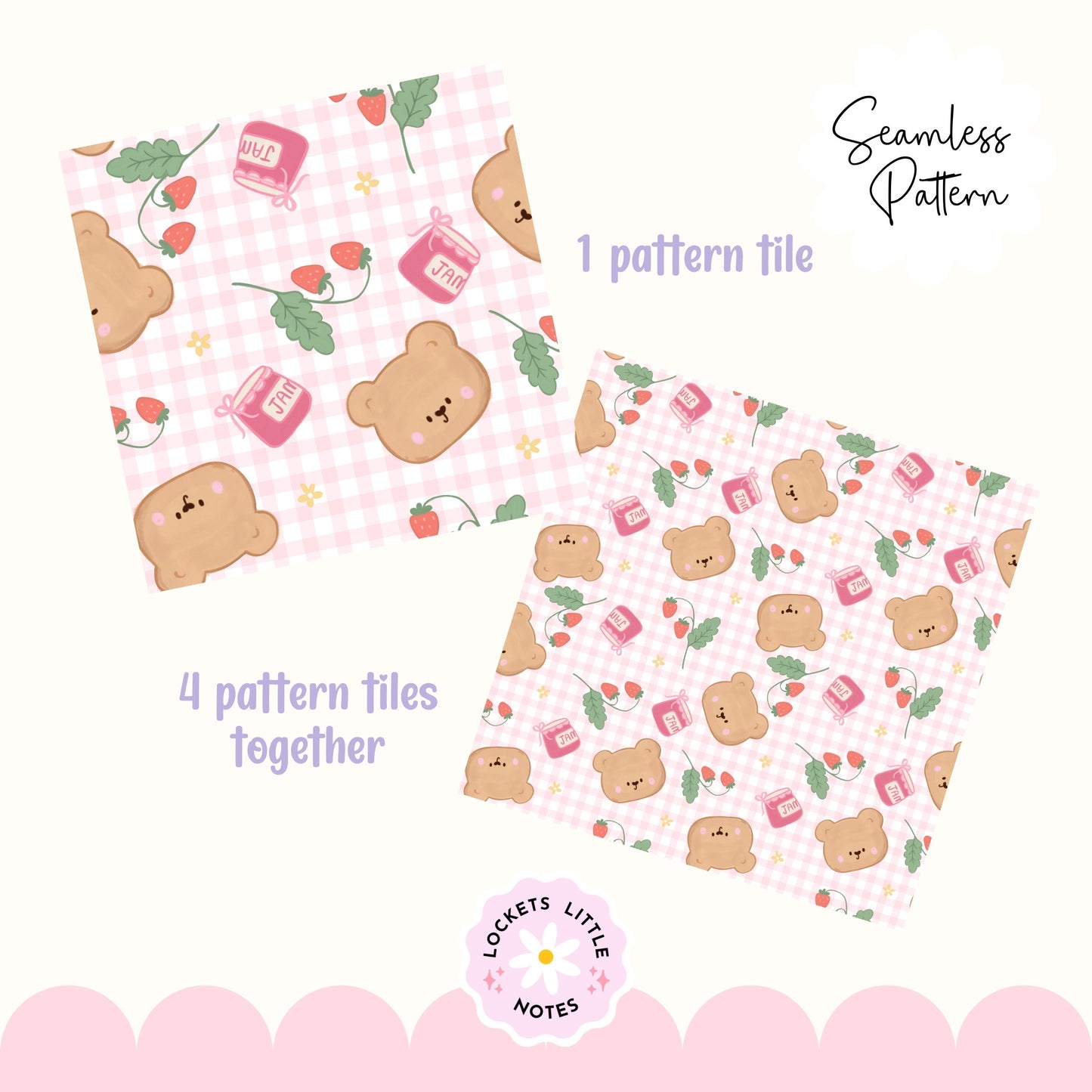 Kawaii Bear & Strawberry Jam Seamless Pattern | Pink Gingham Berrycore Digital Download