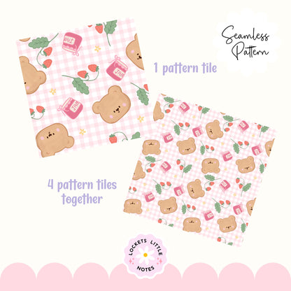 Kawaii Bear & Strawberry Jam Seamless Pattern | Pink Gingham Berrycore Digital Download