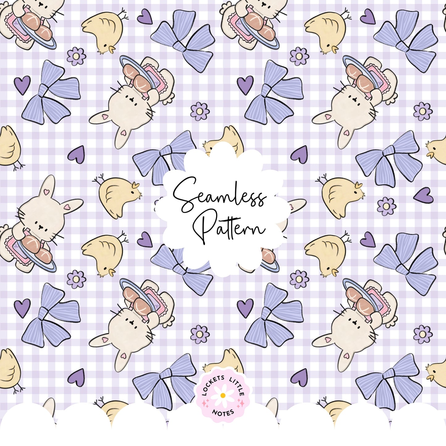Seamless pattern with handdrawn bunny and chick, bows, and hearts on a checkered background. Gingham pattern. spring pastel pattern. digital paper
