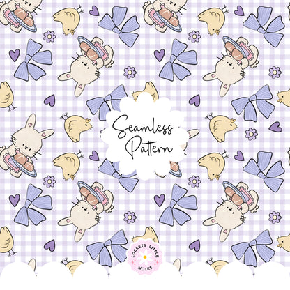 Seamless pattern with handdrawn bunny and chick, bows, and hearts on a checkered background. Gingham pattern. spring pastel pattern. digital paper