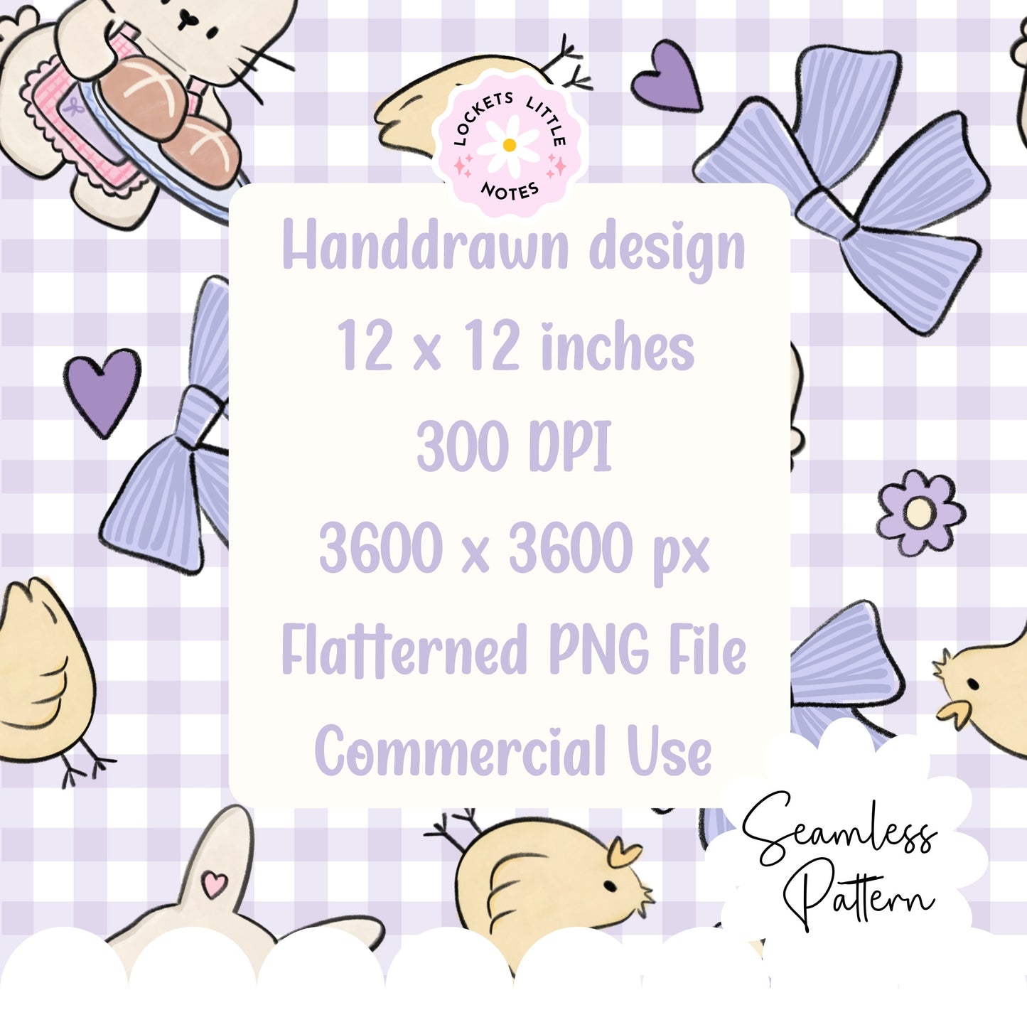 Seamless pattern with handdrawn bunny and chick, bows, and hearts on a checkered background. Gingham pattern. spring pastel pattern. digital paper
