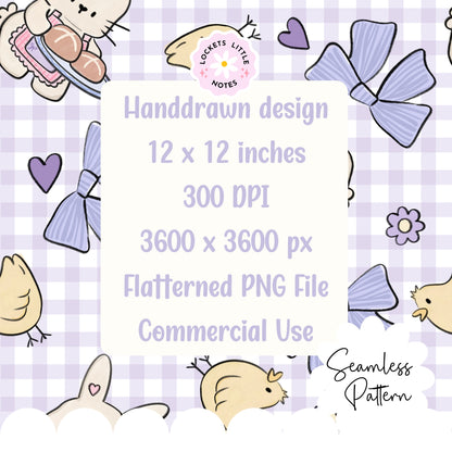 Seamless pattern with handdrawn bunny and chick, bows, and hearts on a checkered background. Gingham pattern. spring pastel pattern. digital paper
